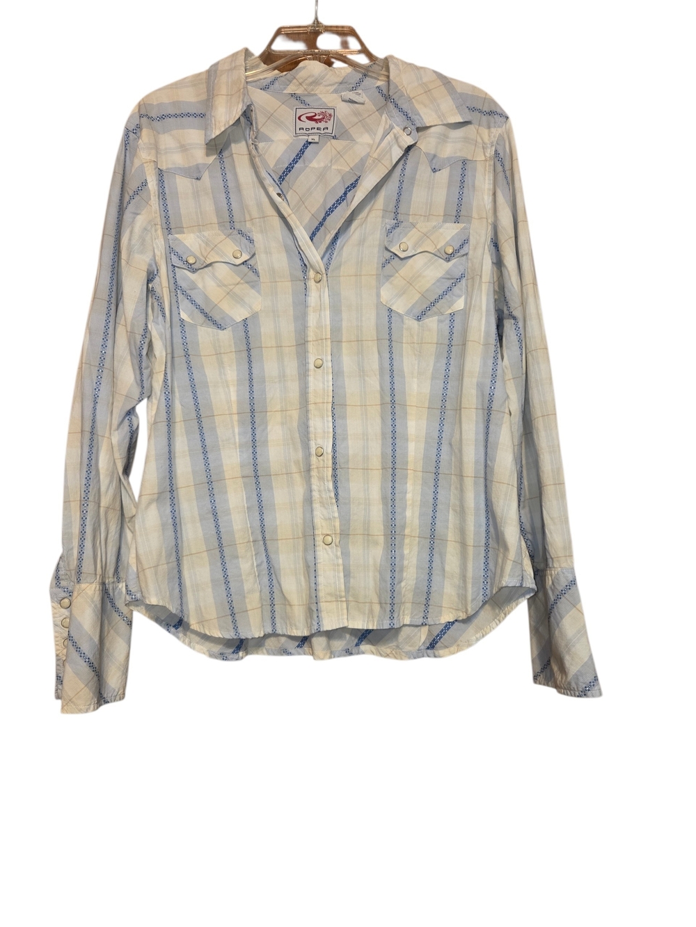 Roper Light Blue and Cream Plaid Button-Down Western Shirt